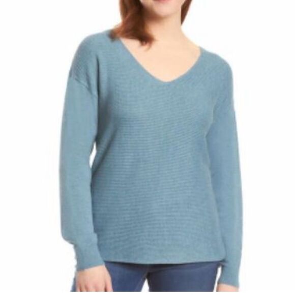 Ella Moss | Anthropologie Blue Ribbed Women’s V Neck Pullover Sweater Size L - Picture 1 of 8